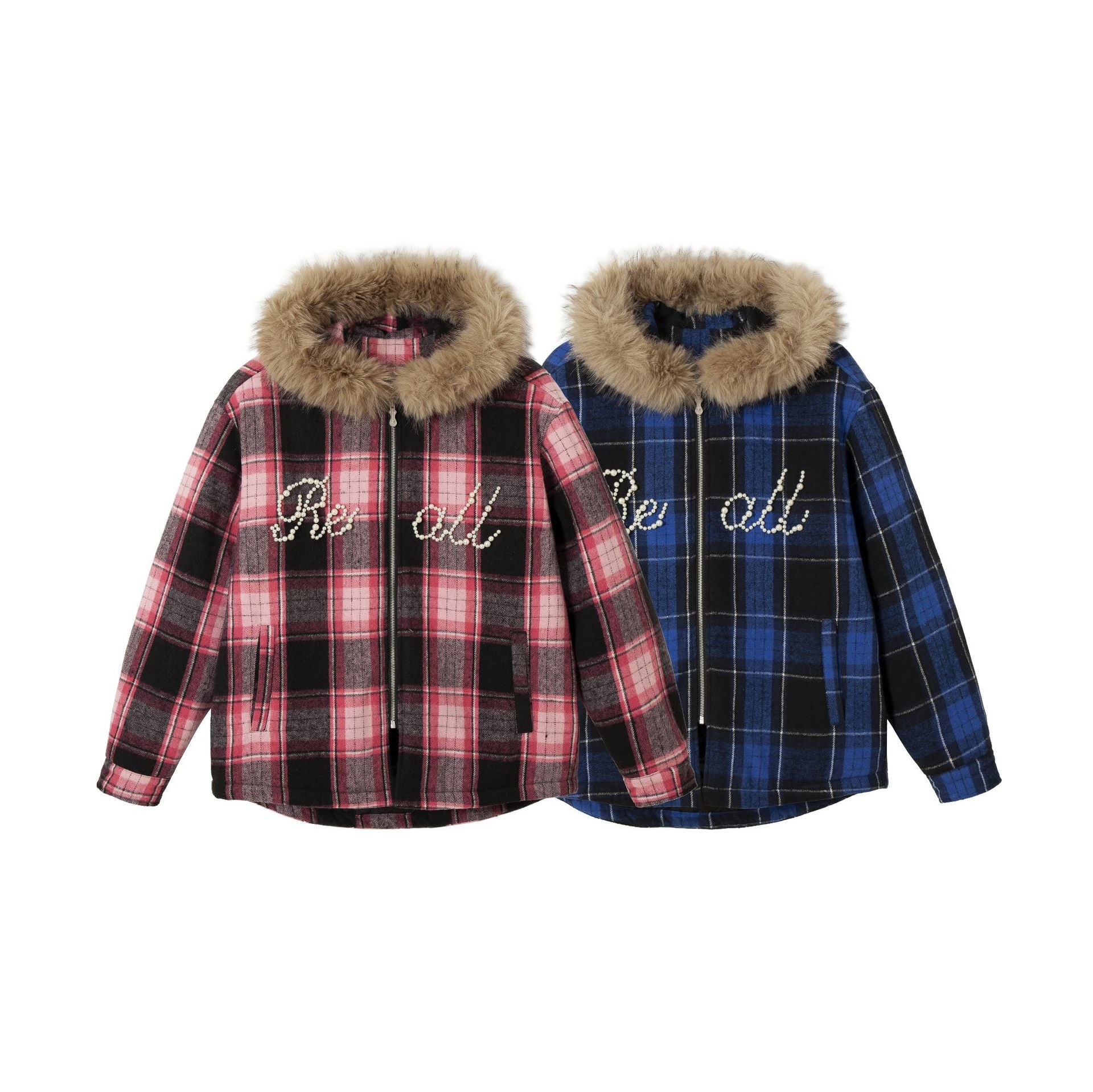 Women's checked wool blend blouson with detachable faux fur collar and pearl appliqué Chichicherry