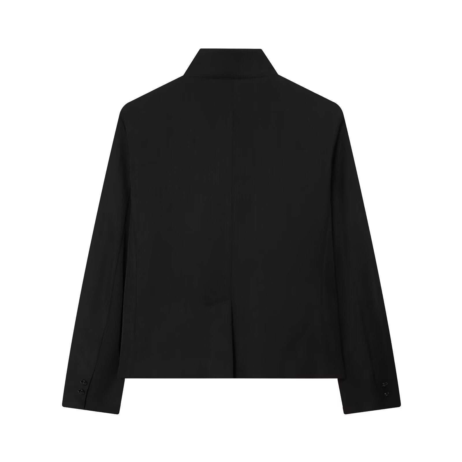 Women’s short-cut blazer with stand-up collar, asymmetrical closure, and piping pockets Chichicherry