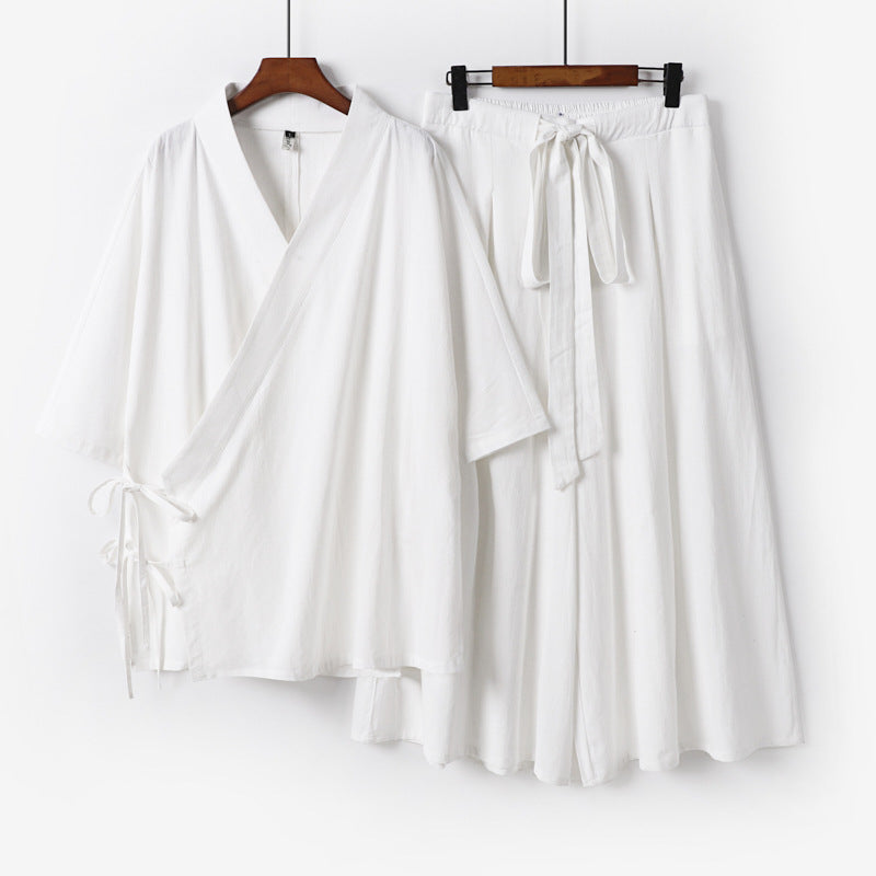 Women's Kimono Loungewear Set made of light viscose with wrap top and wide culotte skirt Chichicherry