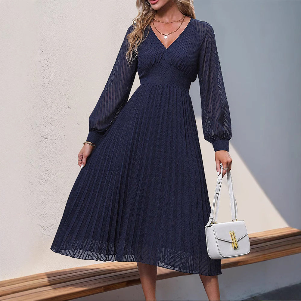Women's Pleated Midi Dress with V-Neck, Tailored Fit & Transparent Balloon Sleeves Chichicherry