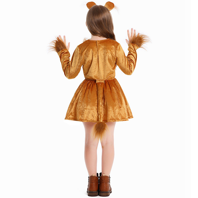 Girls Lion Costume with Fluffy Ear Accents and Swinging Skirt Chichicherry