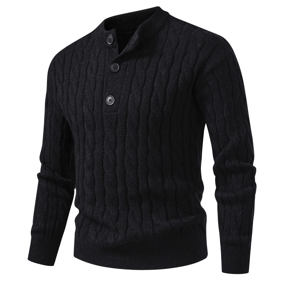 Men's cable knit pullover with short button placket and stand-up collar Chichicherry