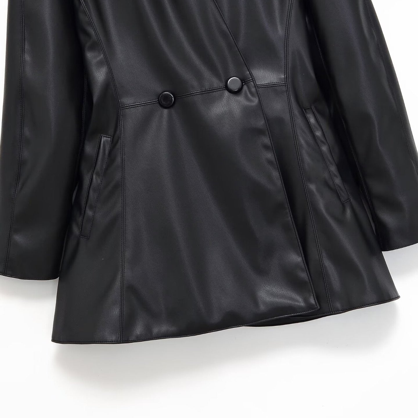 Women's tailored double-breasted faux leather midi coat with shawl collar and patch pockets Chichicherry