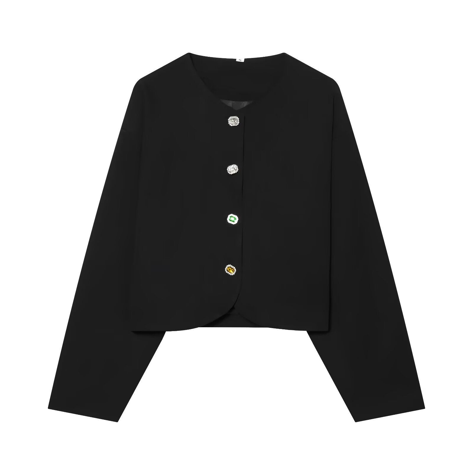 Women's Cropped Boxy Jacket with Decorative Buttons and Round Neckline Chichicherry