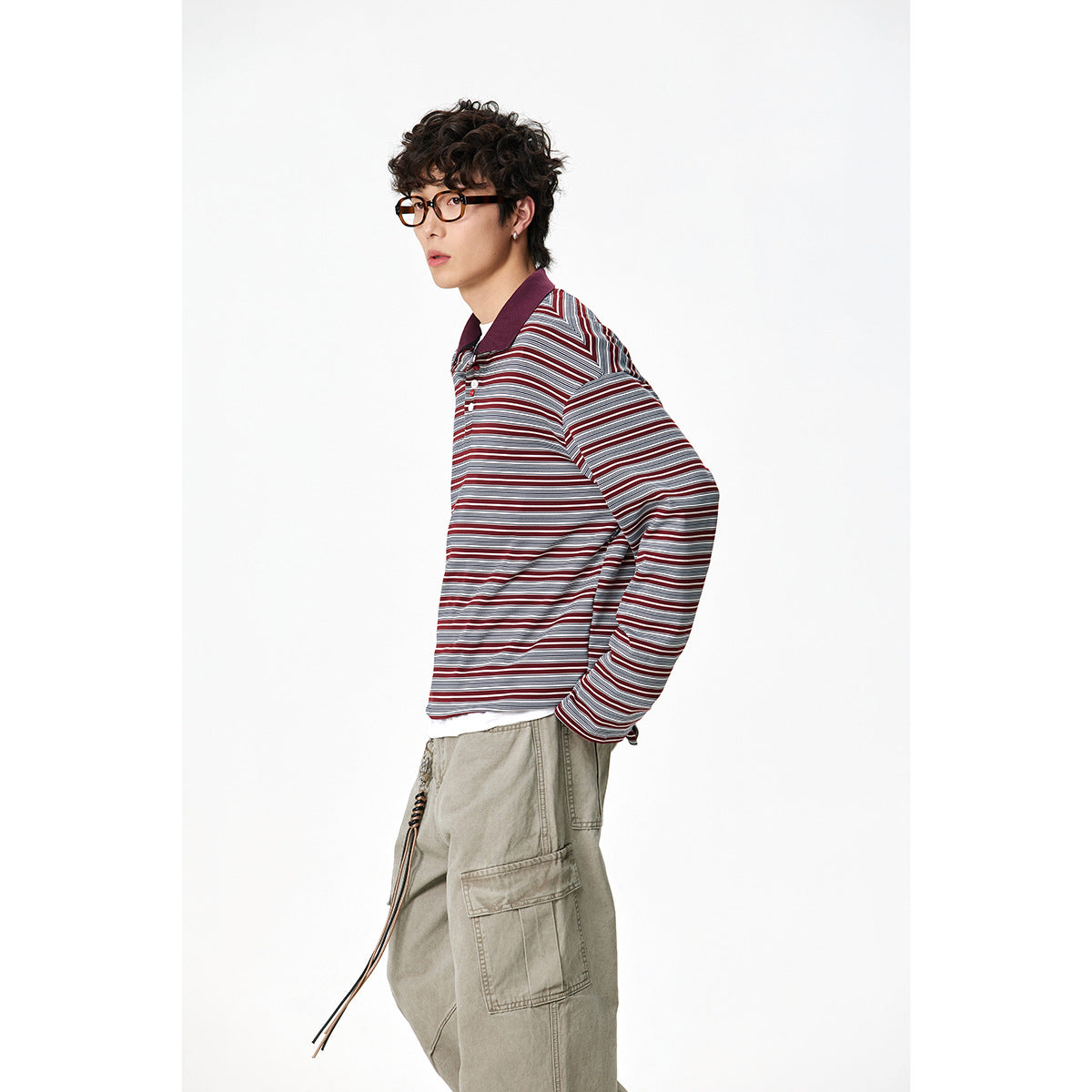 Unisex Classic Striped Long Sleeve Polo Shirt made of fine Ribbed Knitting with Kent Collar and Half Button Placket Chichicherry