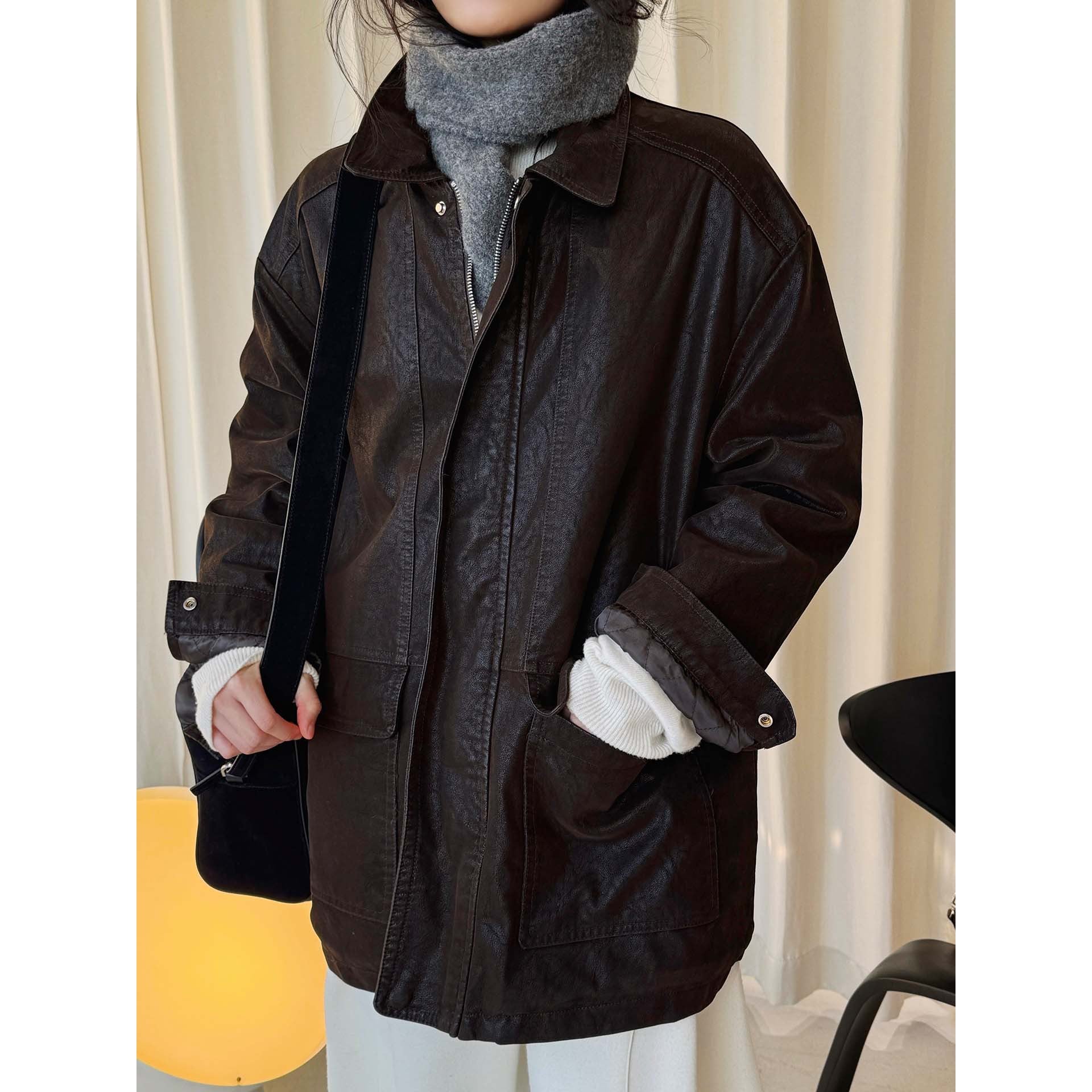 Women Oversized Leather Look Bomber Jacket with Teddy Lining and Metal Zipper Chichicherry