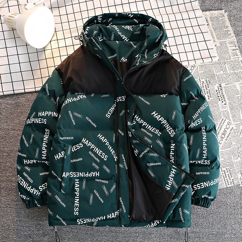 Men's Printed Padded Hooded Jacket with Contrasting Shoulder Yoke and Drawstring Chichicherry
