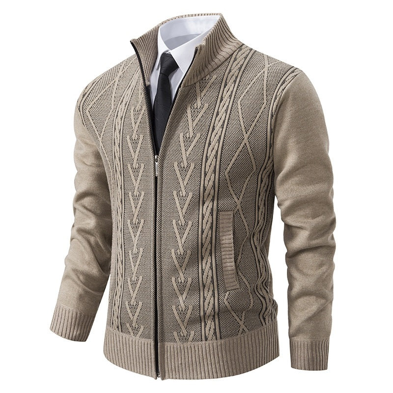 Men's fine-knit zip jacket with geometric jacquard pattern, stand-up collar and inset pockets Chichicherry
