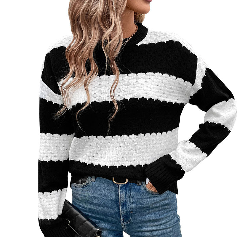 Women's Oversize Fisherman Knitted Sweater with Block Stripes, Openwork Structure and Ribbed Cuffs Chichicherry