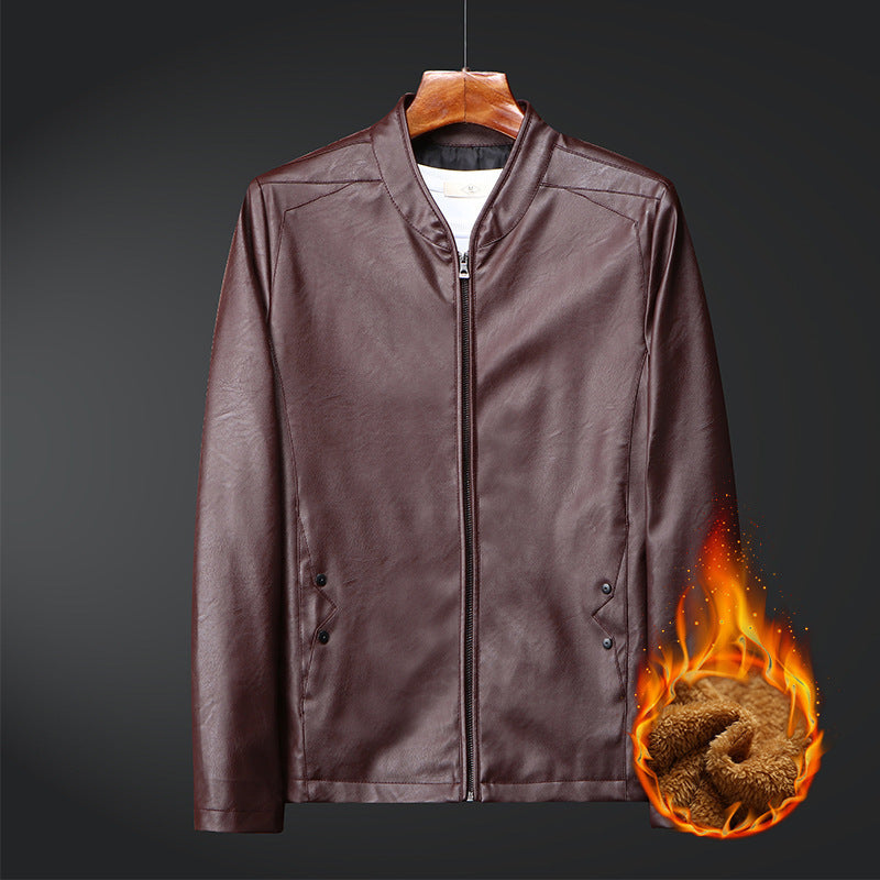 Men's Slim-Fit Faux Leather Bomber with Warming Teddy Lining and Concealed Zipper