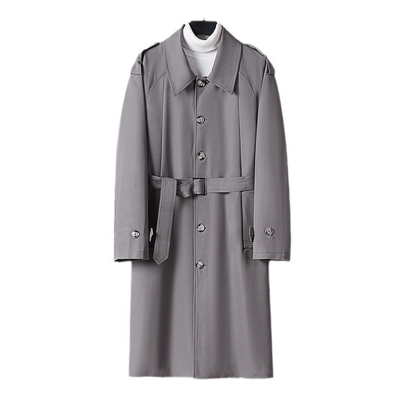 Men's Simple Twill Trench Coat with Adjustable Waist Belt and Shoulder Patches Chichicherry