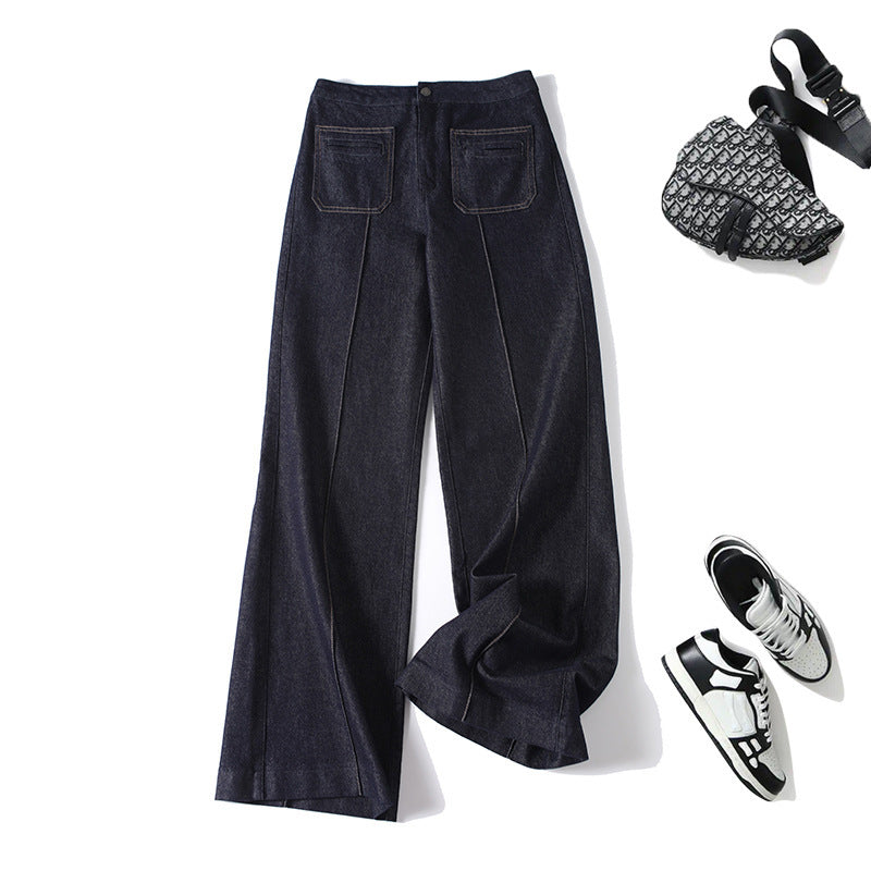 Women's High-Waist Wide Denim Trousers with Continuous Center Seam and Sewn-On Pockets Chichicherry