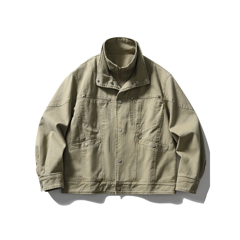 Men's Oversized Canvas Jacket with Stand-Up Collar, Snap Button Front and Concealed Zipper Interior Insert Chichicherry