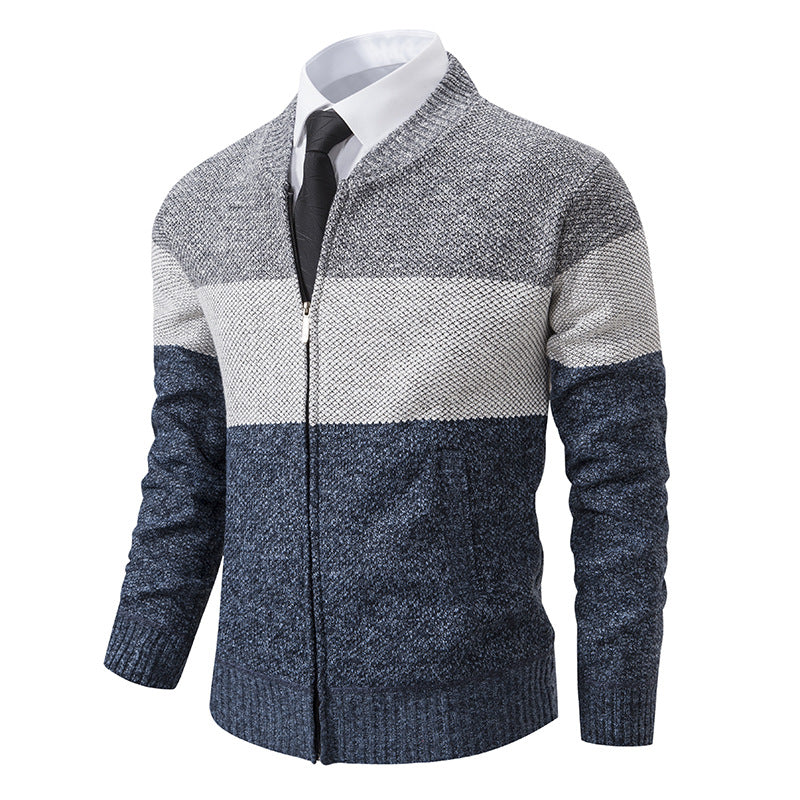 Men's Structured Block Stripe Cardigan with Front Zip, Stand Collar and Patch Pockets Chichicherry