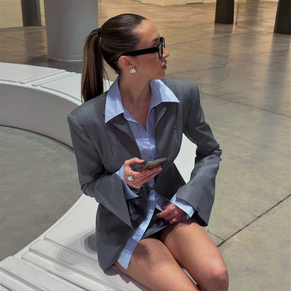 Women's Oversized Blazer and Mini Skirt Set with Tailored Cut Chichicherry