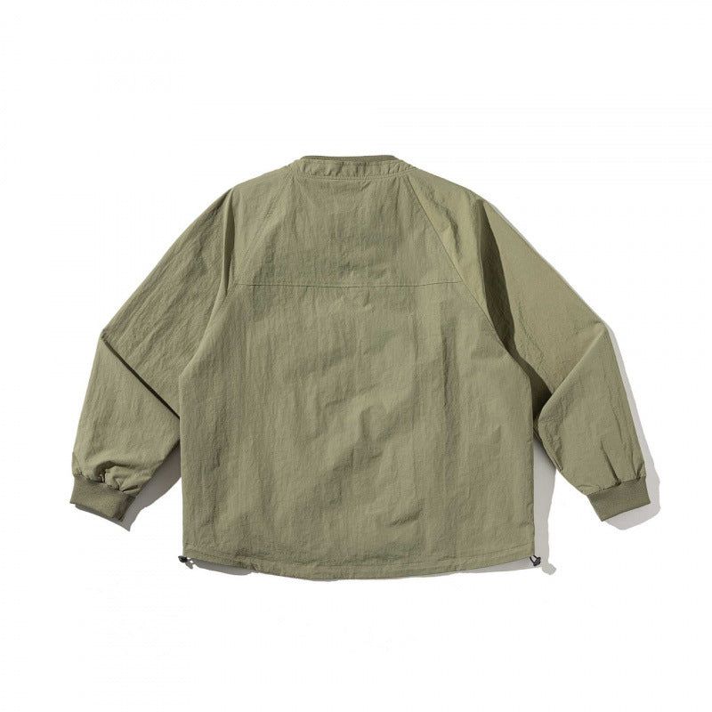 Unisex Short Cut Boxy Overlayer Jacket in Utility Style with Flap Pockets and Drawstring Chichicherry