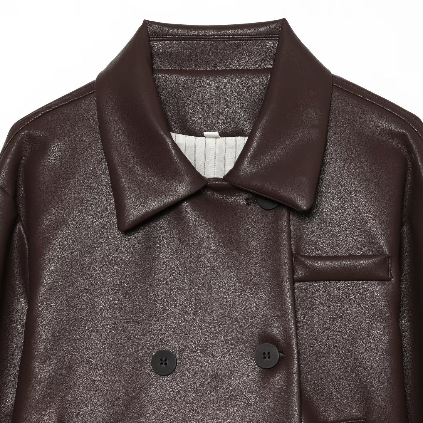 Women's Short Faux Leather Blouson with Double-Breasted Button Placket and Boxy Silhouette Chichicherry