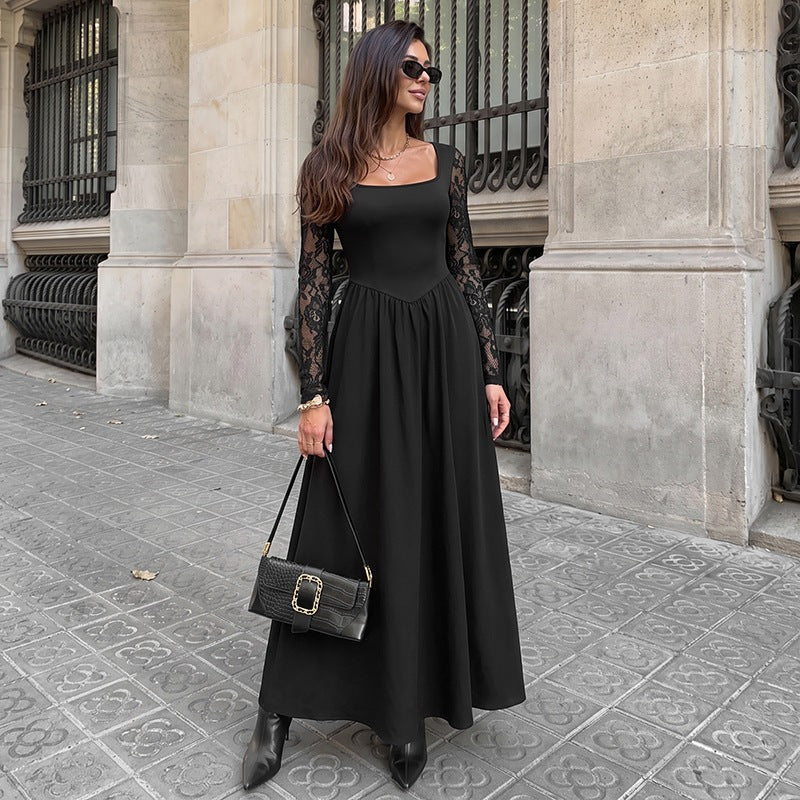 Women Figure-flattering Midi Dress with Lace Sleeves and Square Neckline Chichicherry