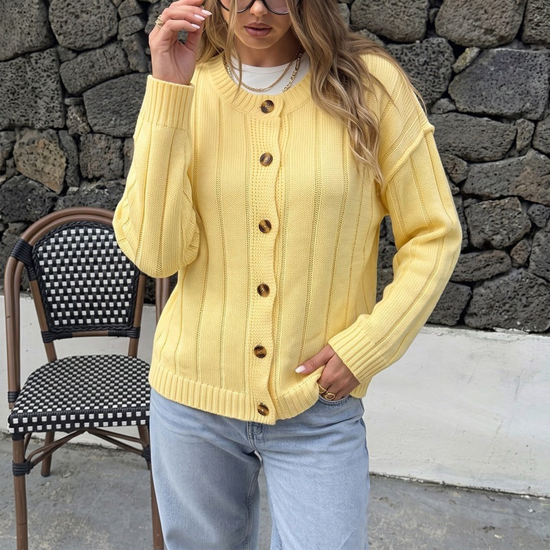 Women's Lightweight Ribbed Knit Cardigan with Wooden Buttons and Oversized Silhouette Chichicherry