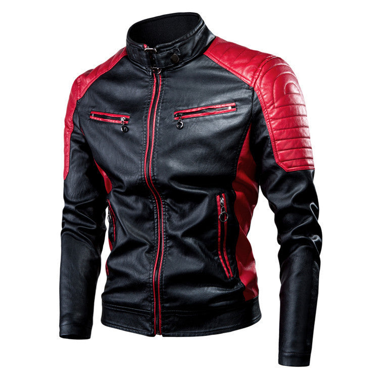 Men's Slim-Fit Faux Leather Moto Jacket in Retro Racer Design with Padded Shoulder Inserts and Zipper Details Chichicherry