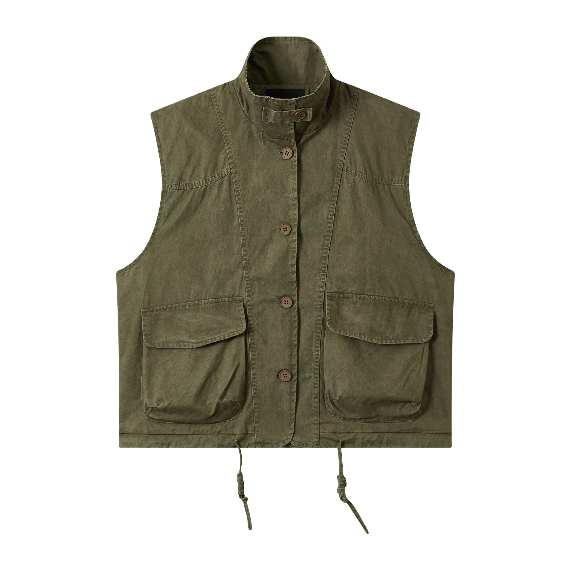Women's utility vest with stand-up collar, large flap pockets, and drawstring Chichicherry
