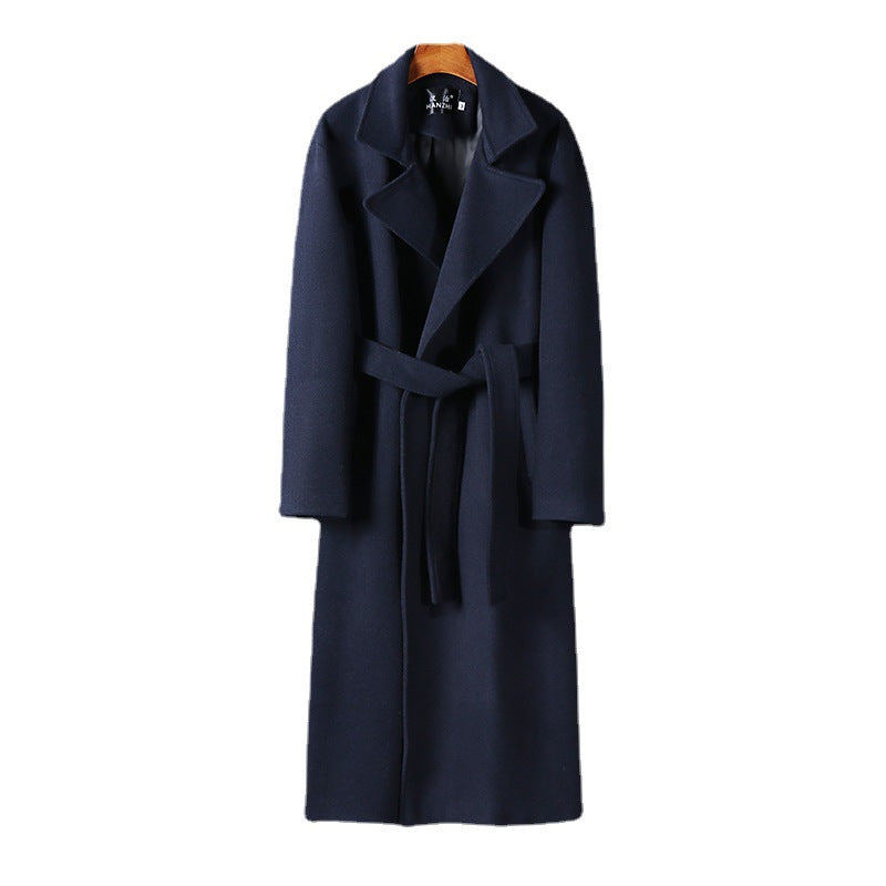 Men's Maxi-Length Wool Blend Coat with Shawl Collar and Tie Belt Chichicherry