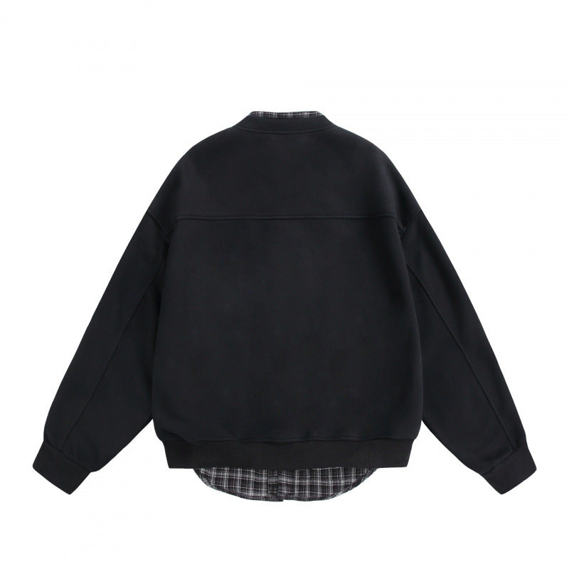 Men's Oversized College-Style Sweat Jacket with Concealed Snap Button Placket and Checked Lining Chichicherry