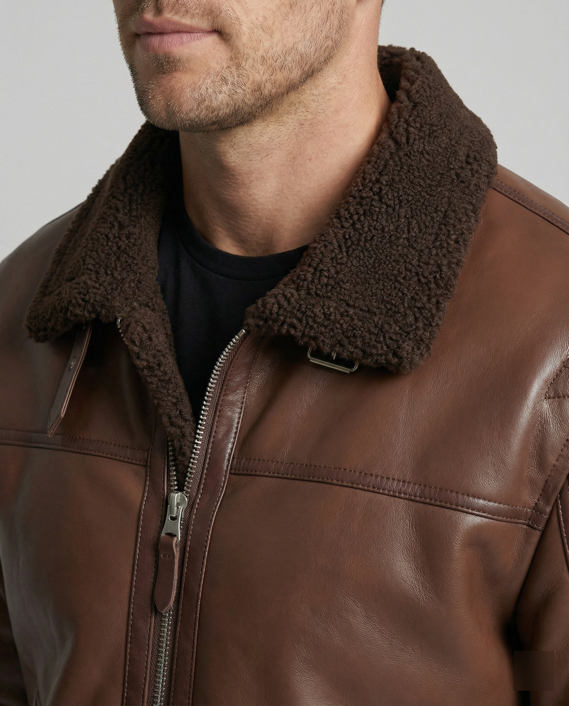 Men's Faux Leather Jacket with Collar