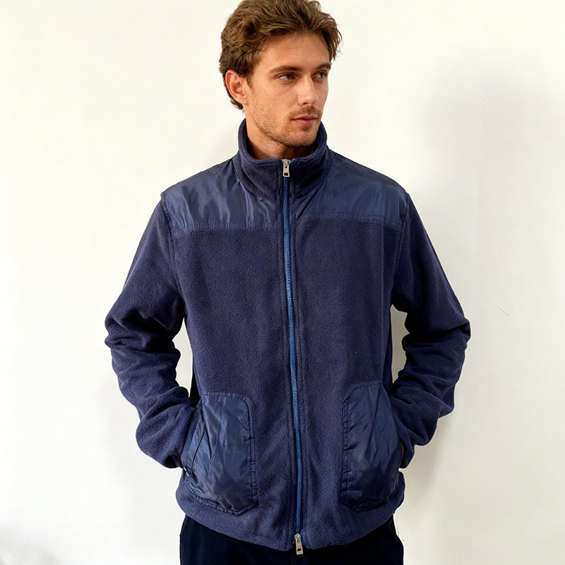 Men's fleece jacket with stand-up collar, two-material panel and zipper Chichicherry