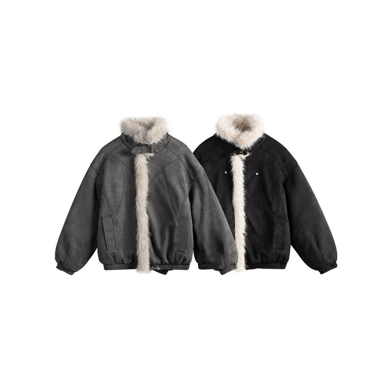 Women's short-cut bomber jacket in lambskin look with high stand-up collar and faux fur trim Chichicherry