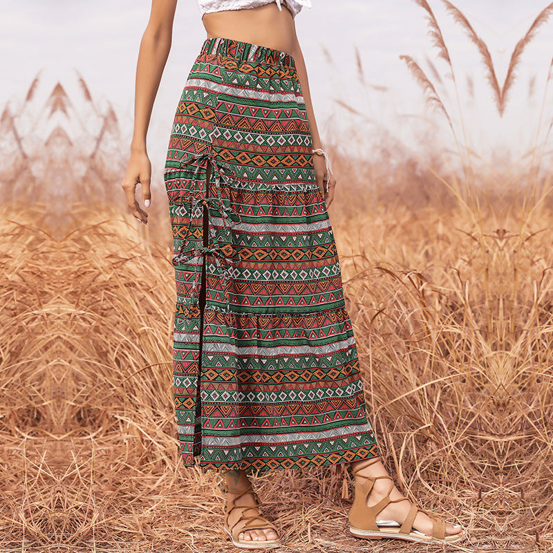 Women's Long Boho Maxi Skirt with Ethnic Print and Side Ties Chichicherry
