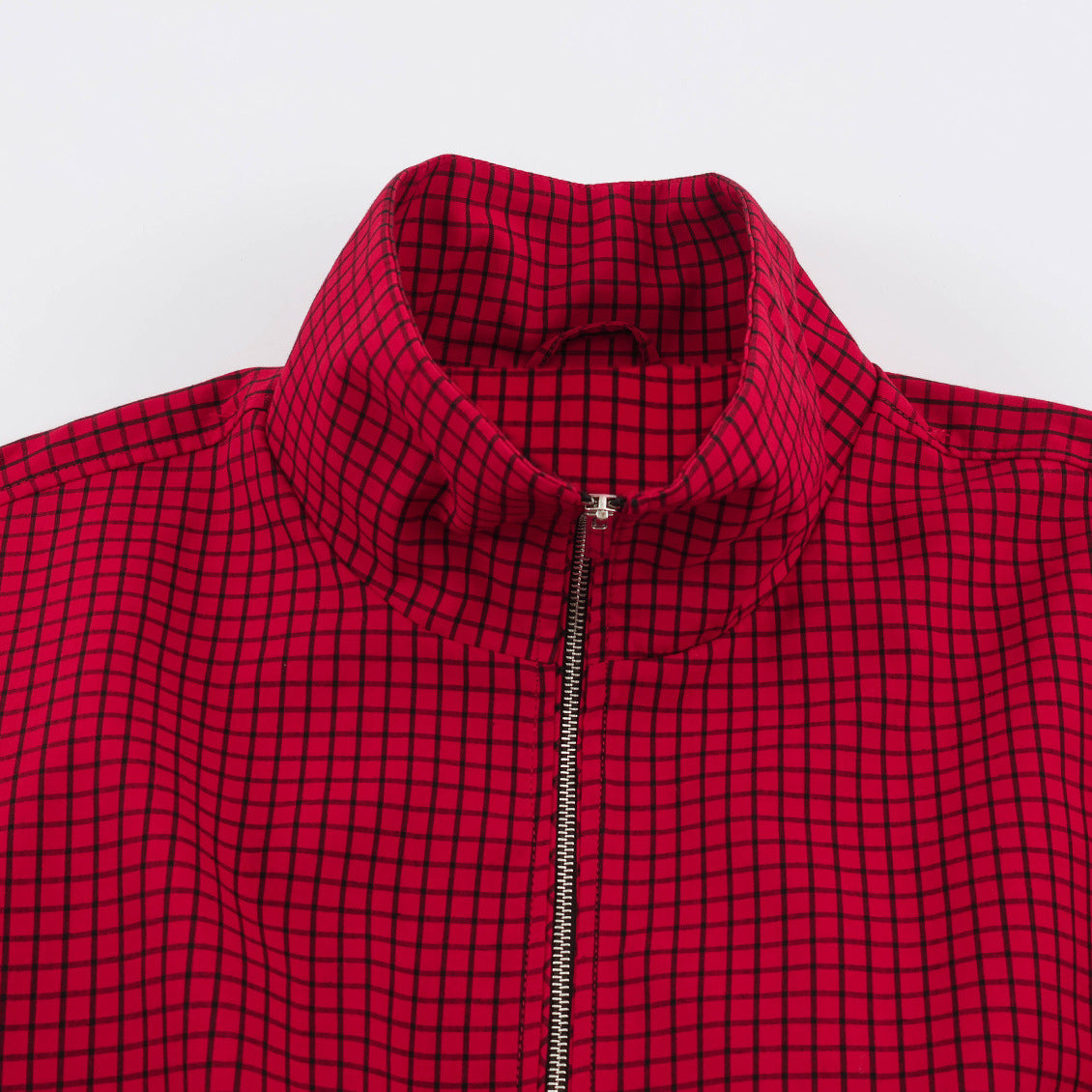 Women Oversize Boxy Bomber Jacket with Stand-Up Collar, Checkered Pattern and Elastic Hem Chichicherry