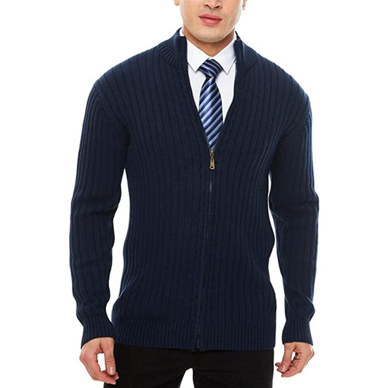 Men's fine-knit cardigan with full-length zipper, stand-up collar, and distinctive ribbed texture Chichicherry
