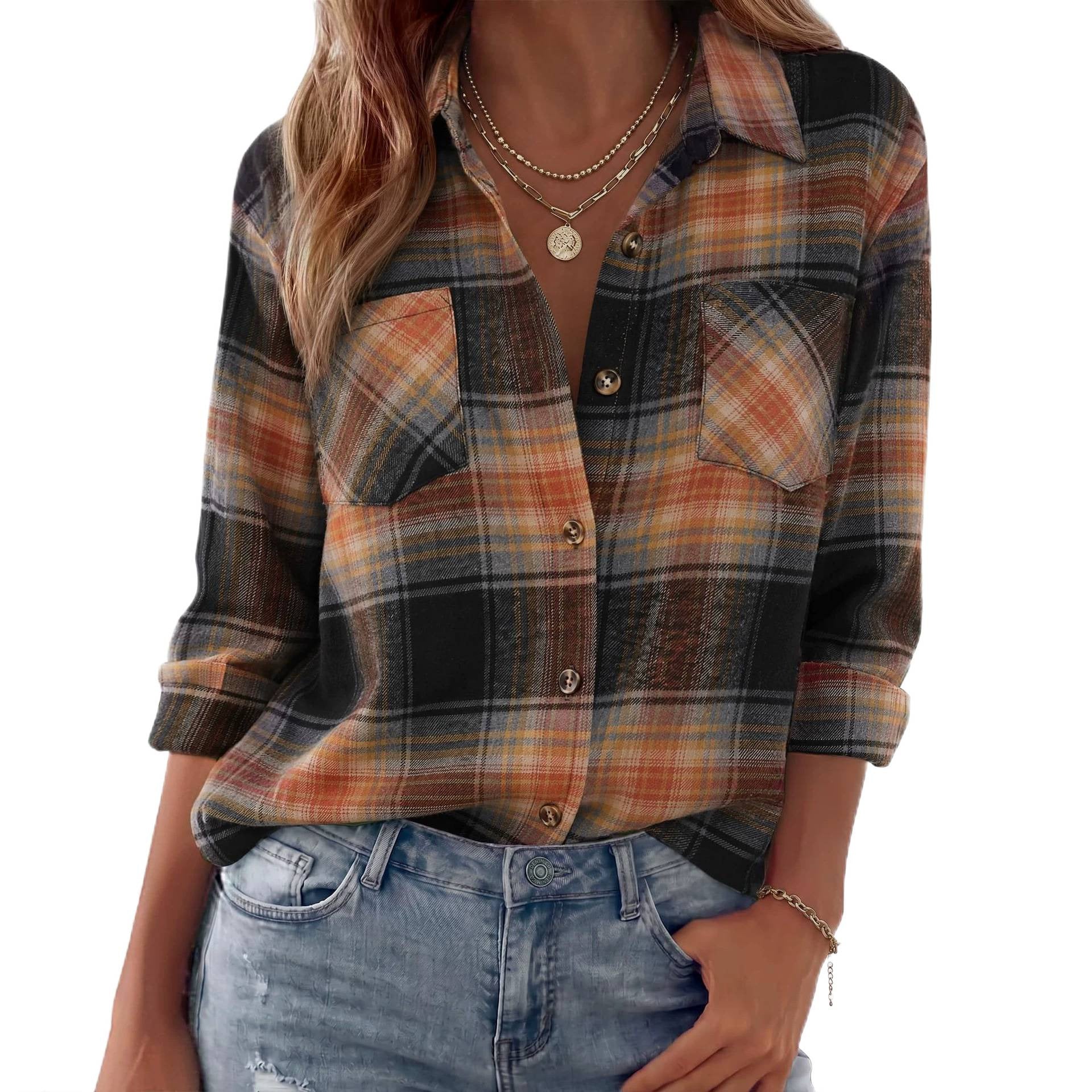 Women Checkered Oversized Flannel Shirt Jacket with Chest Pockets Chichicherry