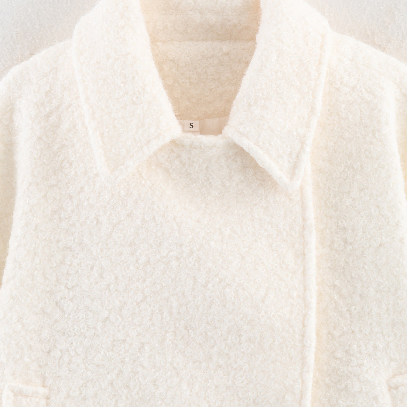 Ladies Boxy Boucle Double-Breasted Coat with Shirt Collar and Flap Pockets Chichicherry
