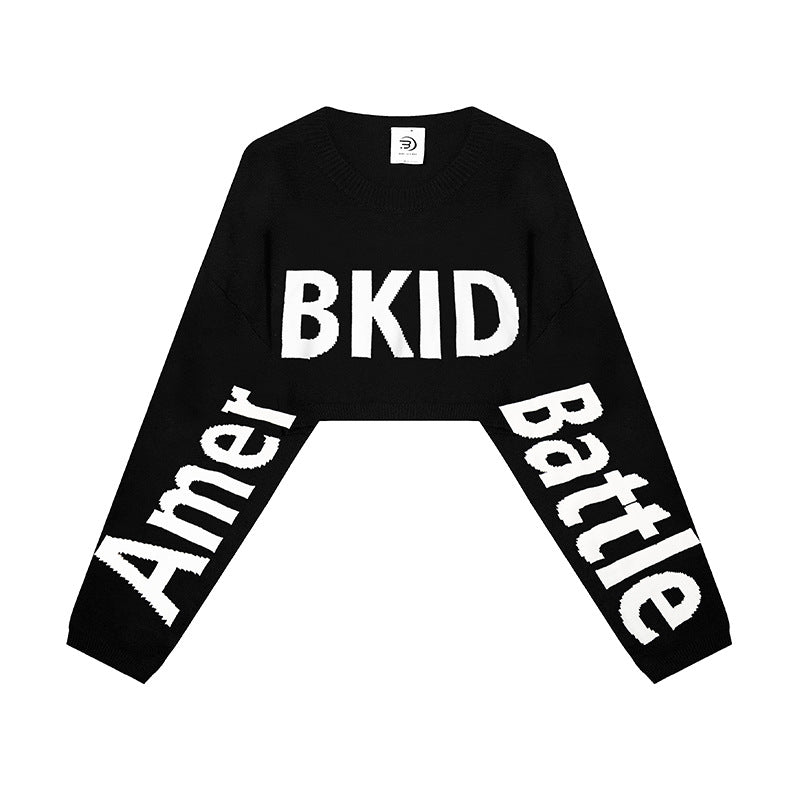 Women's Cropped Knit Sweater with Wide Raglan Sleeves and Statement Print Chichicherry