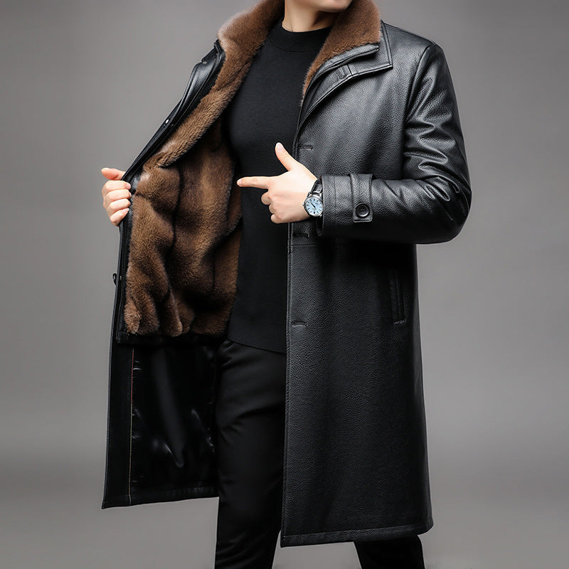 Men's Long Leather Coat with Removable Fur Collar and Thermal Lining Chichicherry