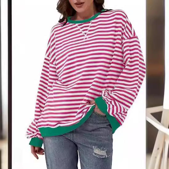 Women Striped Oversized Sweater with Contrast Cuffs Chichicherry