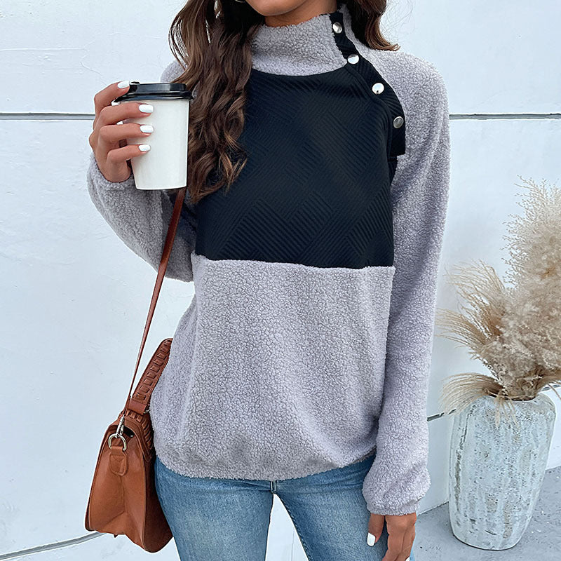 Women's Cozy Teddy Fleece Sweater with Quilted Chest Panel, Stand Collar and Snap Button Placket Chichicherry
