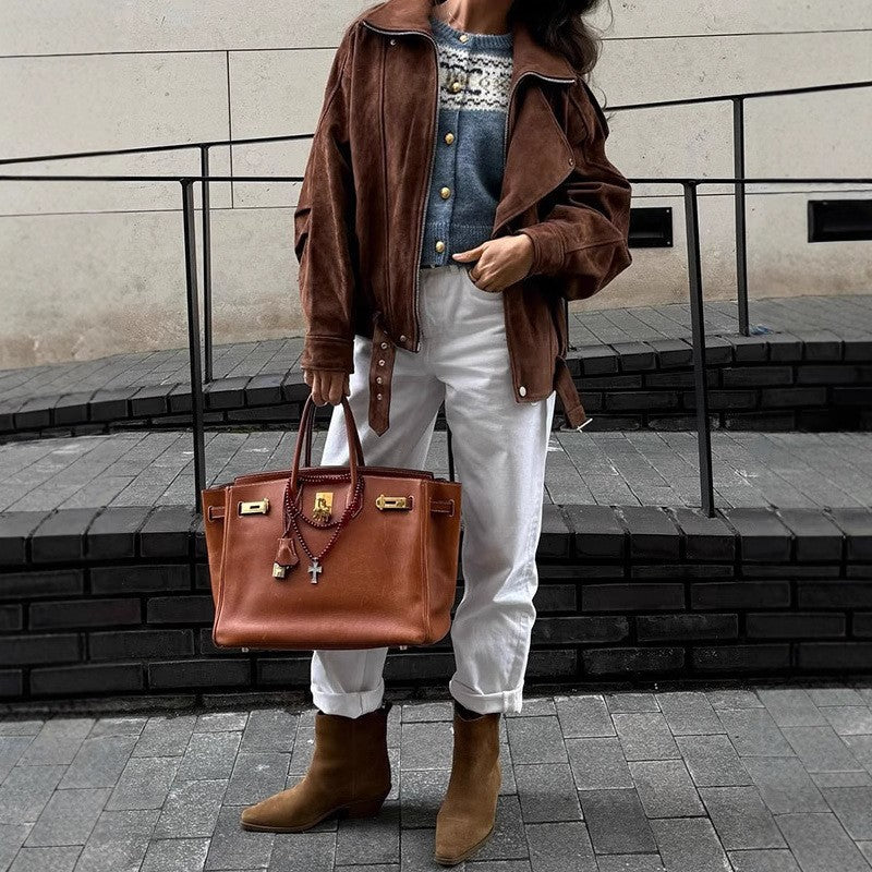 Women's Oversized Suede Blouson with Asymmetrical Zipper and Waistbelt Chichicherry