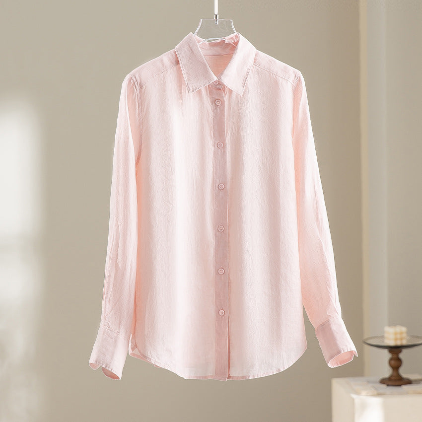 Women Lightweight Oversized Linen Blouse Shirt with Classic Collar and Continuous Button Placket Chichicherry