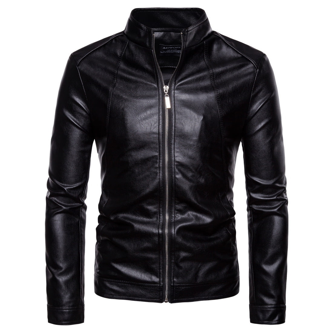 Men's Slim-Fit Biker-Inspired Faux Leather Jacket with Stand Collar and Minimalist Stitching Chichicherry