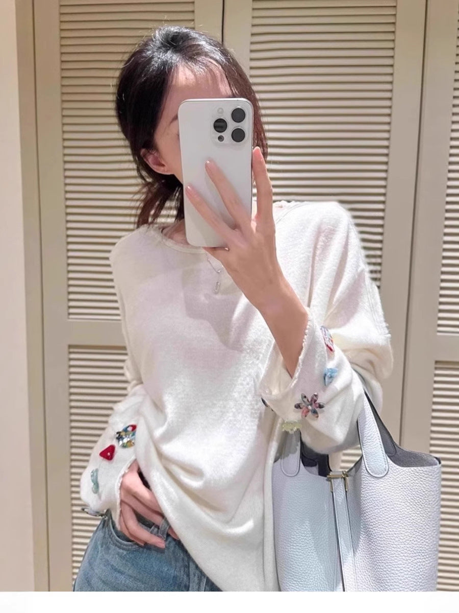Women's Oversized Fine Knit Sweater with Embellished Sleeve Cuffs Chichicherry
