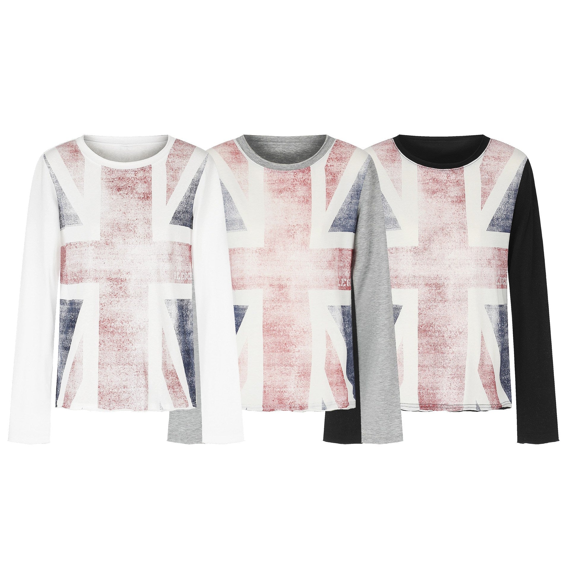 Women's Round Neck Long Sleeve made of cotton blend with vintage Union Jack print and contrast sleeves Chichicherry