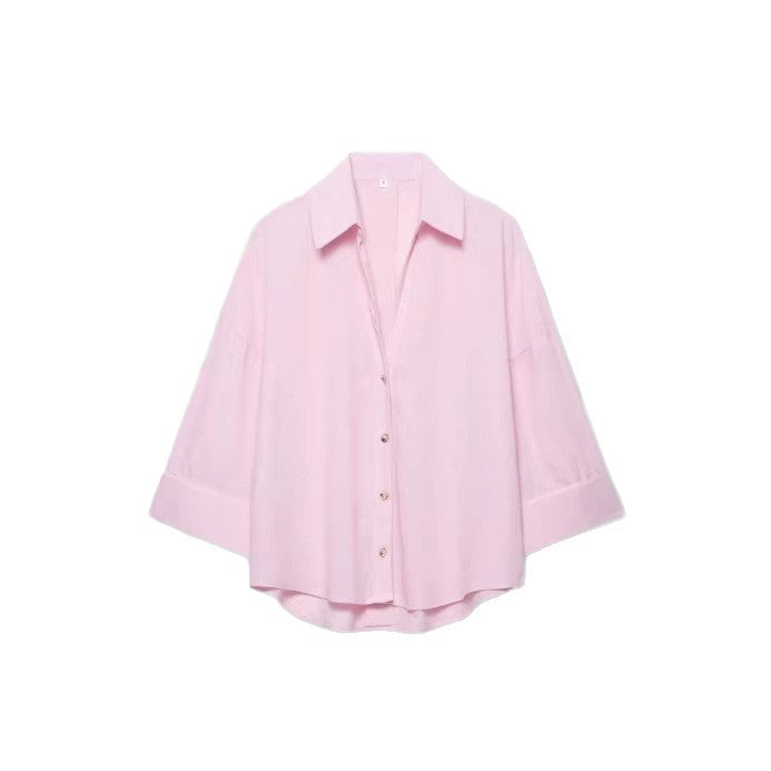 Women's Lightweight Oversized Linen Look Blouse with Three-Quarter Sleeves and Full Button Placket Chichicherry