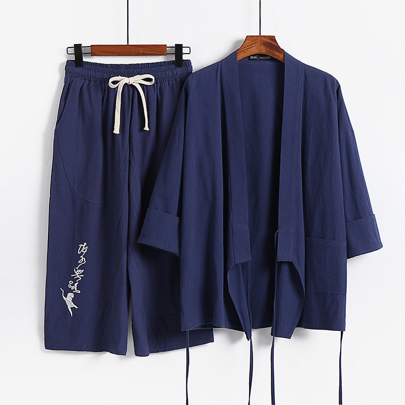 Unisex Lightweight Kimono Loungewear Set made of Cotton-Linen with Embroidered Harem Pants and Tie Belt Chichicherry