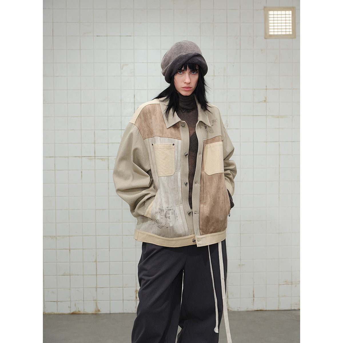 Men's Patchwork Canvas Blouson Jacket in Vintage Look with Contrast Pockets and Paisley Lining Chichicherry