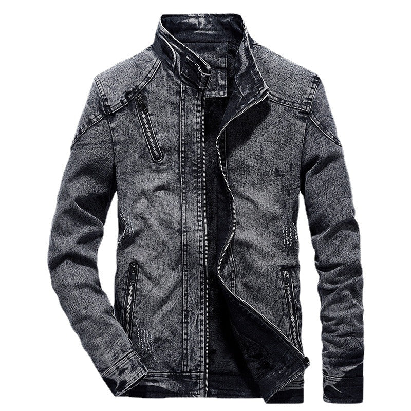Men's Slim-Fit Denim Work Jacket with Stand Collar and Zipper Details Chichicherry