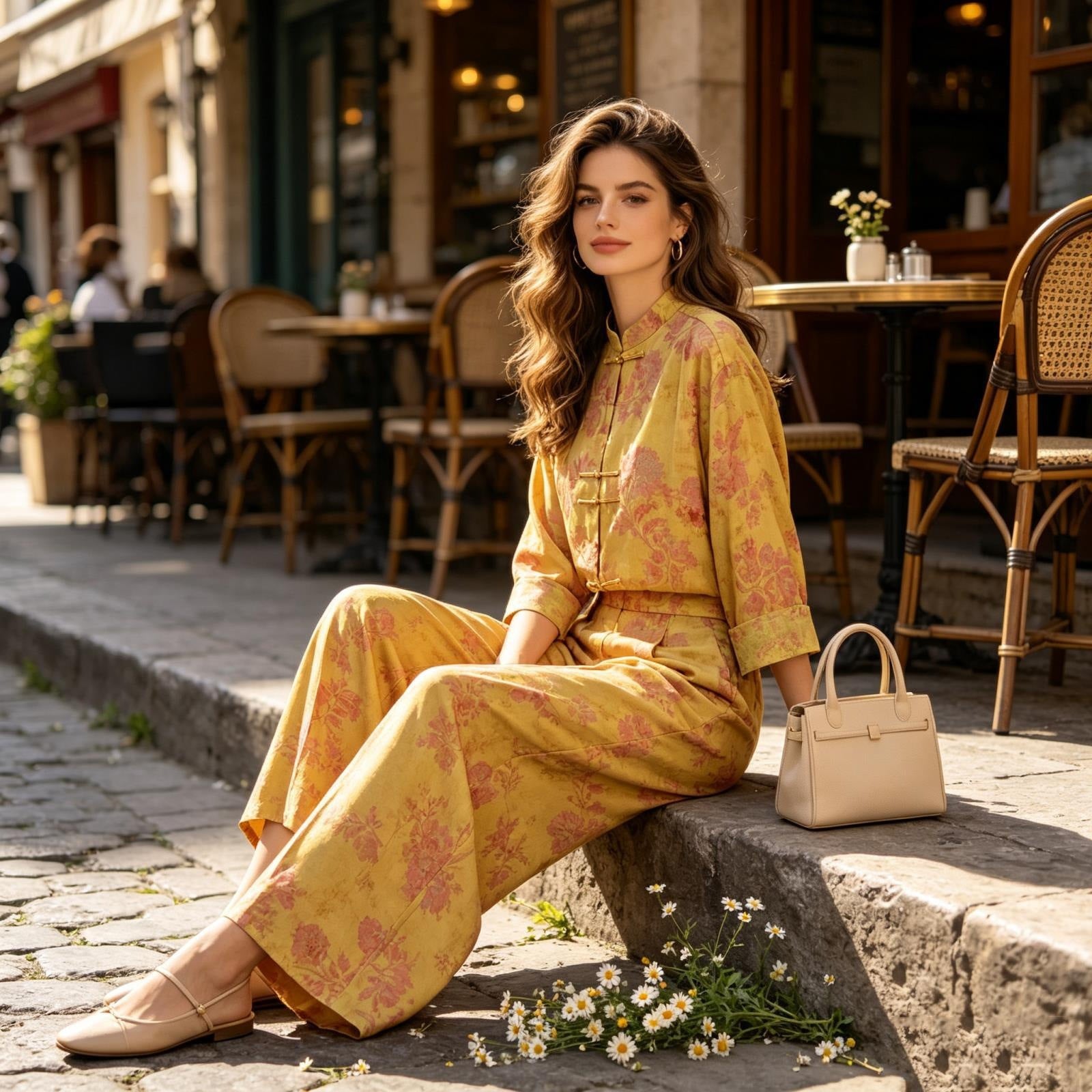 Women Two-Piece Jacquard Set with Stand Collar and Knot Closures Chichicherry