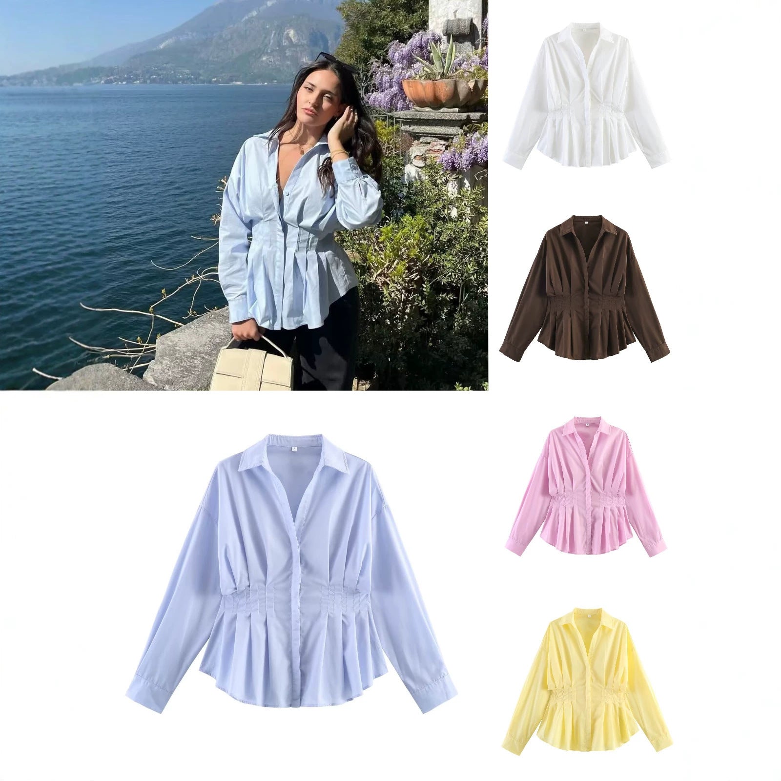 Women's tailored blouse shirt jacket with box pleats and concealed button placket Chichicherry